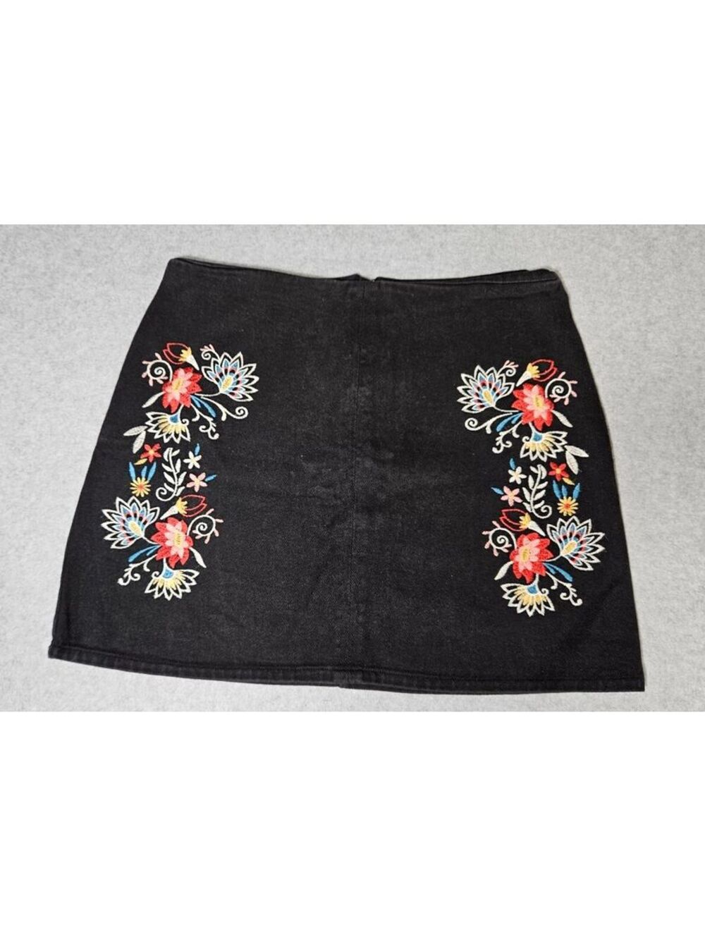 Black Denim Mini Skirt with Colorful Floral Embroidery, Size L